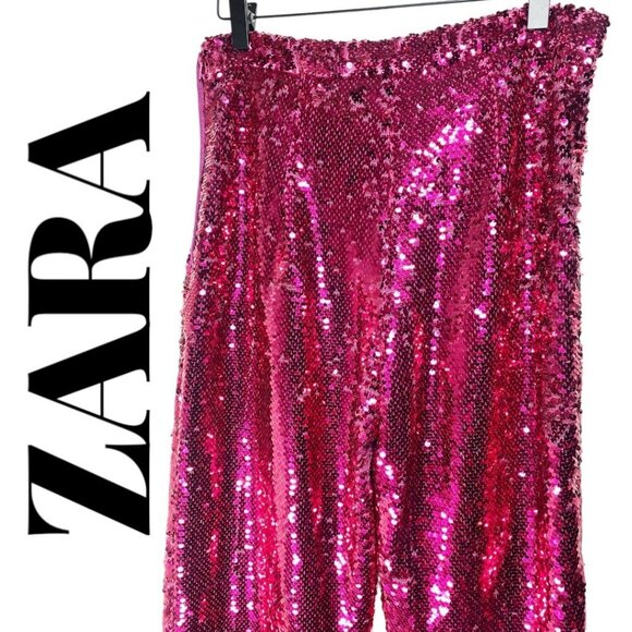 NWT ZARA LIMITED EDITION RED SEQUIN WIDE LEG PANTS, SIZE MEDIUM - Picture 8 of 13